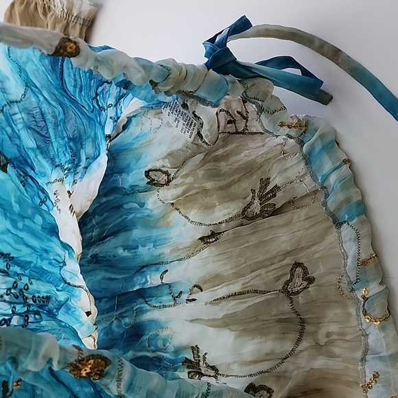 Nygard Blouse Off Shoulder Blue Tan White Gold Sequins Off Shoulder Peasant Sz L - Picture 6 of 13